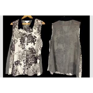 Toile Floral Top Size 1X Black White Houndstooth Back Tunic Chiffon Romantic